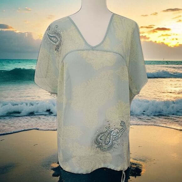 Y2K Paisley Silk Boxy Fit Blouse M Sheer Pastels Coquette Romantic Drawstring - Picture 16 of 16